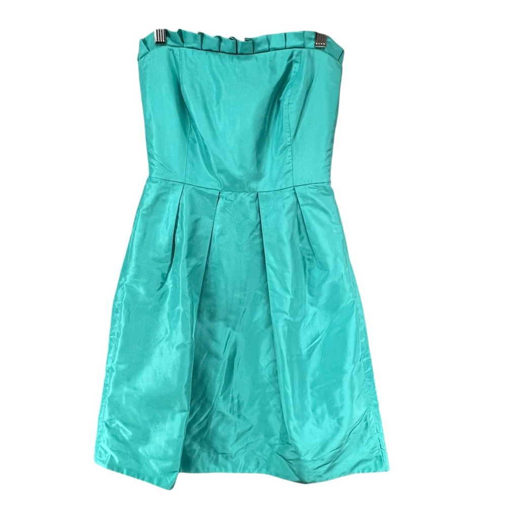 J Crew Audrey Dress Women 2 Green‎ Aqua Silk Tafetta Strapless Ruffle Cocktail - Picture 3 of 15